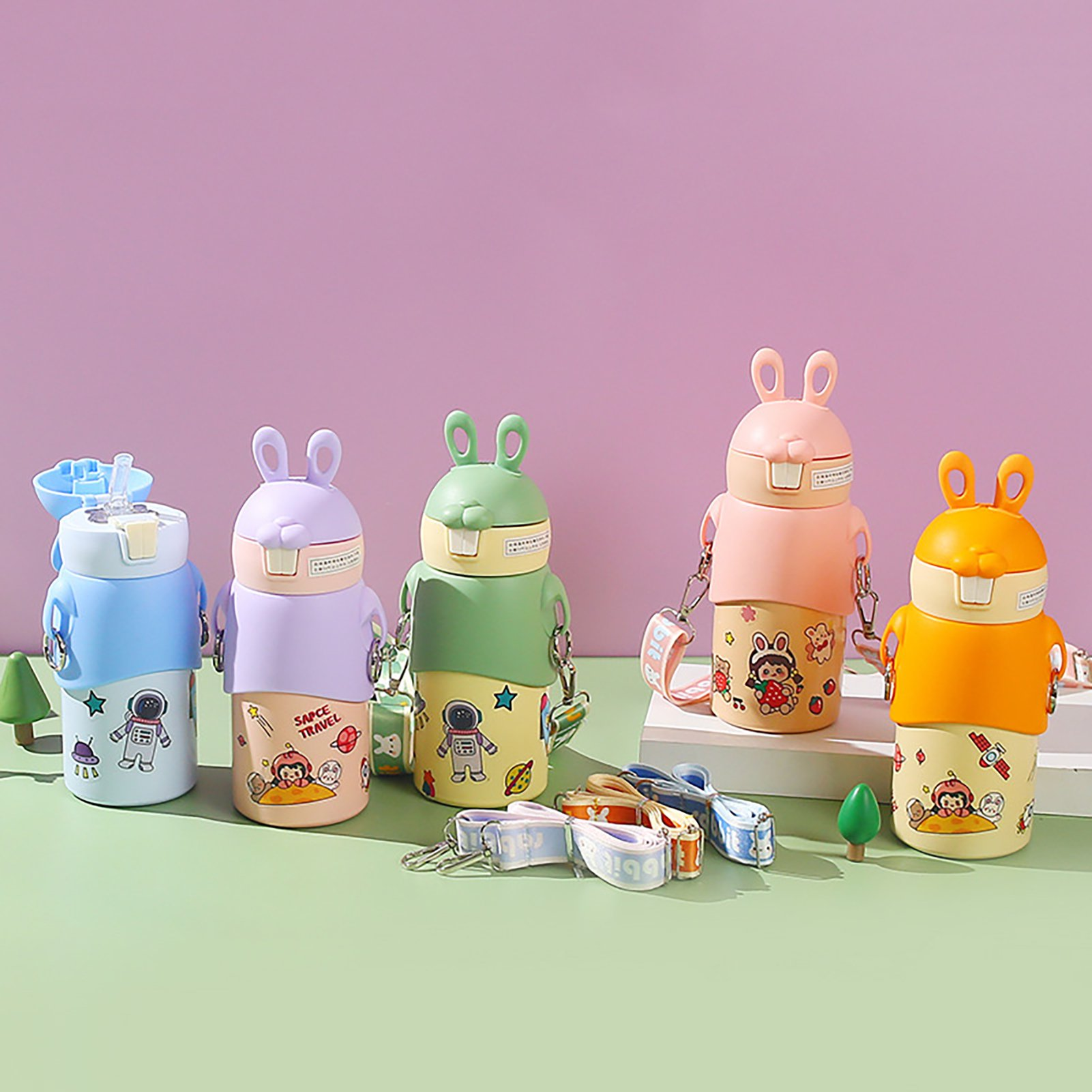 Kid Water Bottle Steel Thermal Cup With Straw Leak Proof Easy To Carry High Capacity Bunny Pattern Vacuum Bottle For School 450Ml - 16Oz