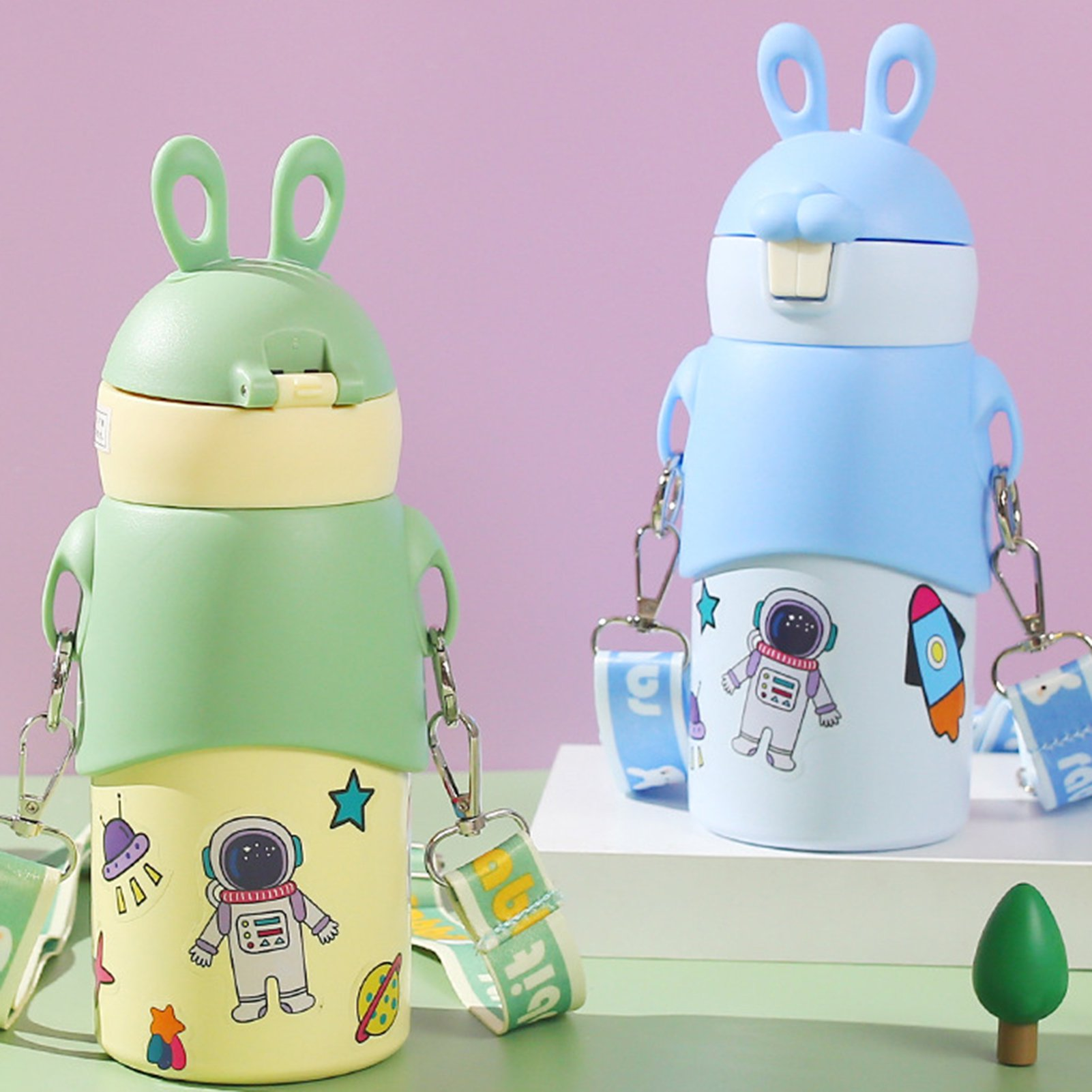 Kid Water Bottle Steel Thermal Cup With Straw Leak Proof Easy To Carry High Capacity Bunny Pattern Vacuum Bottle For School 450Ml - 16Oz