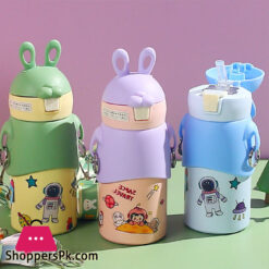 Kid Water Bottle Steel Thermal Cup with Straw Leak Proof Easy to Carry High Capacity Bunny Pattern Vacuum Bottle for School 450ml - 16oz