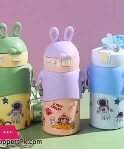 Kid Water Bottle Steel Thermal Cup with Straw Leak Proof Easy to Carry High Capacity Bunny Pattern Vacuum Bottle for School 450ml - 16oz