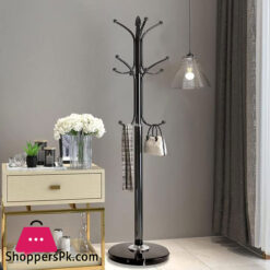 Metal Coat Rack Stand with Natural Marble Base, Free Standing Hall Tree with 12 Hooks for Hanging Scarf Bag Jacket Home Entry-way Hat Hanger Organizer Black