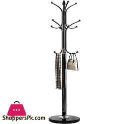 Metal Coat Rack Stand With Natural Marble Base, Free Standing Hall Tree With 12 Hooks For Hanging Scarf Bag Jacket Home Entry-Way Hat Hanger Organizer Black