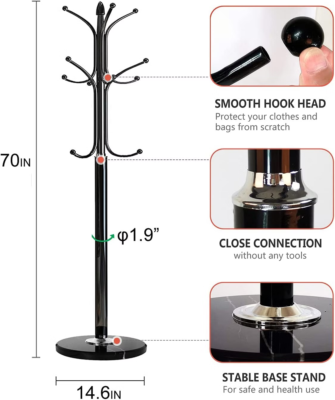 Metal Coat Rack Stand With Natural Marble Base, Free Standing Hall Tree With 12 Hooks For Hanging Scarf Bag Jacket Home Entry-Way Hat Hanger Organizer Black