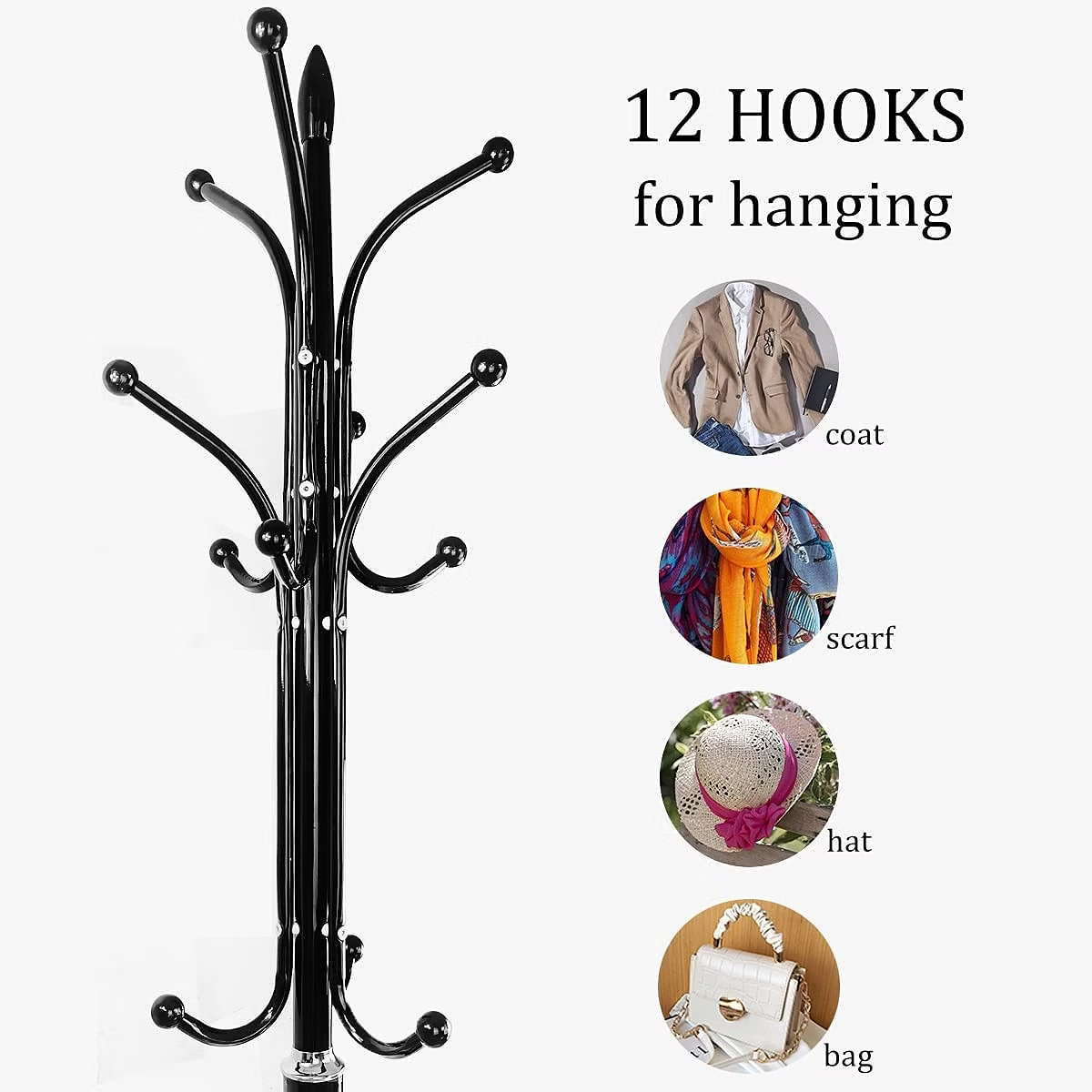 Metal Coat Rack Stand With Natural Marble Base, Free Standing Hall Tree With 12 Hooks For Hanging Scarf Bag Jacket Home Entry-Way Hat Hanger Organizer Black