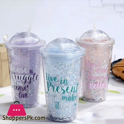 SQUICKLE Starry Sipper Bottle for Kids Sipper Glass Tumbler Bottle with Straw Star Glitter Sipper Bottle Attach lid With Straw Shipper Bottle-Pack Of -1 Multi color