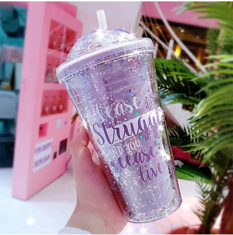 Squickle Starry Sipper Bottle For Kids Sipper Glass Tumbler Bottle With Straw Star Glitter Sipper Bottle Attach Lid With Straw Shipper Bottle-Pack Of -1 Multi Color