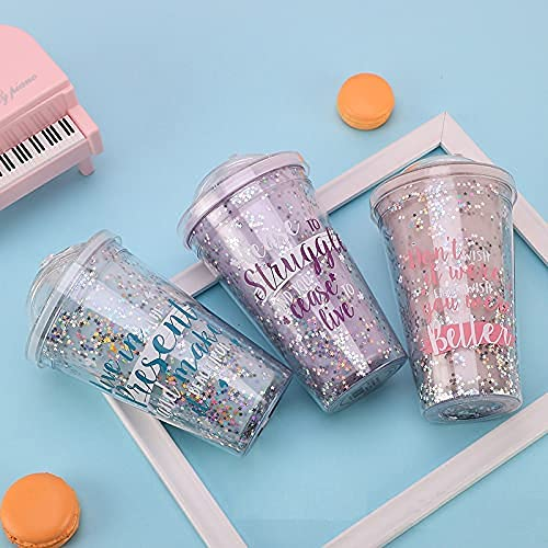 Squickle Starry Sipper Bottle For Kids Sipper Glass Tumbler Bottle With Straw Star Glitter Sipper Bottle Attach Lid With Straw Shipper Bottle-Pack Of -1 Multi Color