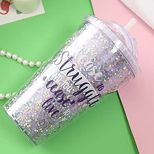 Squickle Starry Sipper Bottle For Kids Sipper Glass Tumbler Bottle With Straw Star Glitter Sipper Bottle Attach Lid With Straw Shipper Bottle-Pack Of -1 Multi Color