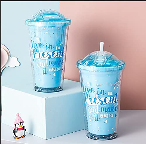 Squickle Starry Sipper Bottle For Kids Sipper Glass Tumbler Bottle With Straw Star Glitter Sipper Bottle Attach Lid With Straw Shipper Bottle-Pack Of -1 Multi Color