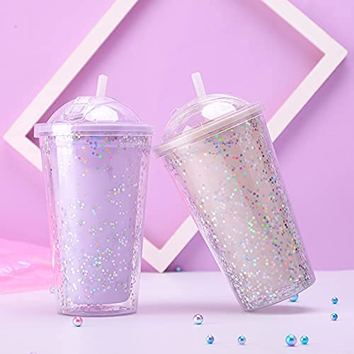 Squickle Starry Sipper Bottle For Kids Sipper Glass Tumbler Bottle With Straw Star Glitter Sipper Bottle Attach Lid With Straw Shipper Bottle-Pack Of -1 Multi Color