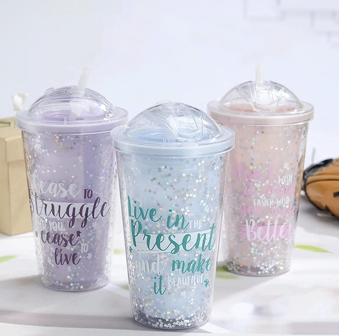 Squickle Starry Sipper Bottle For Kids Sipper Glass Tumbler Bottle With Straw Star Glitter Sipper Bottle Attach Lid With Straw Shipper Bottle-Pack Of -1 Multi Color