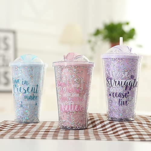 Squickle Starry Sipper Bottle For Kids Sipper Glass Tumbler Bottle With Straw Star Glitter Sipper Bottle Attach Lid With Straw Shipper Bottle-Pack Of -1 Multi Color