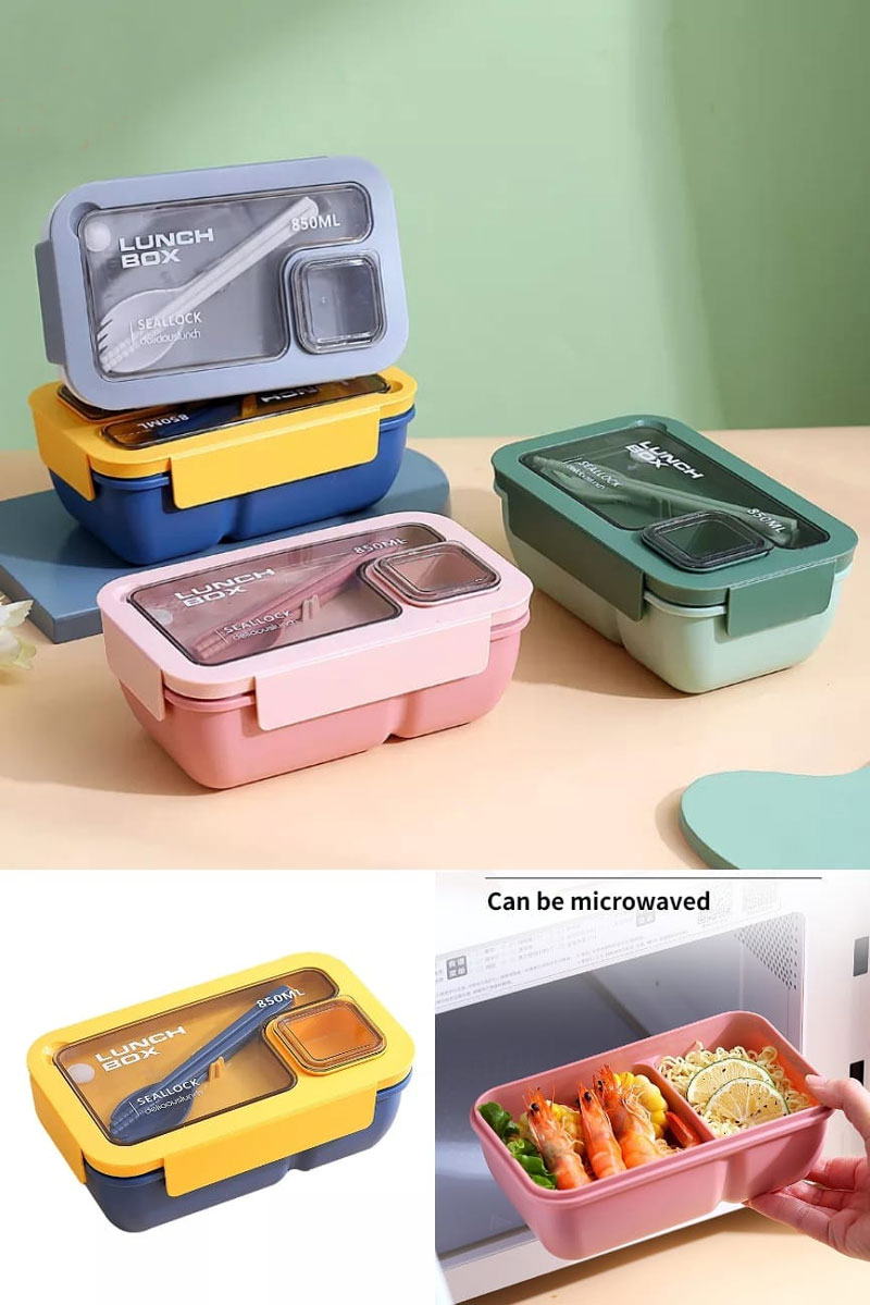 Stnc Plastic Rectangular Sealed Lunch Box With Chopsticks &Amp; Spoon 850Ml Nc030815