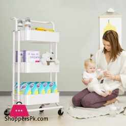 Furninxs 3 Tier Rolling Cart With Wheels Metal Utility Cart With Handle Rolling Storage Organizer Trolley Cart For Kitchen Office Home School White