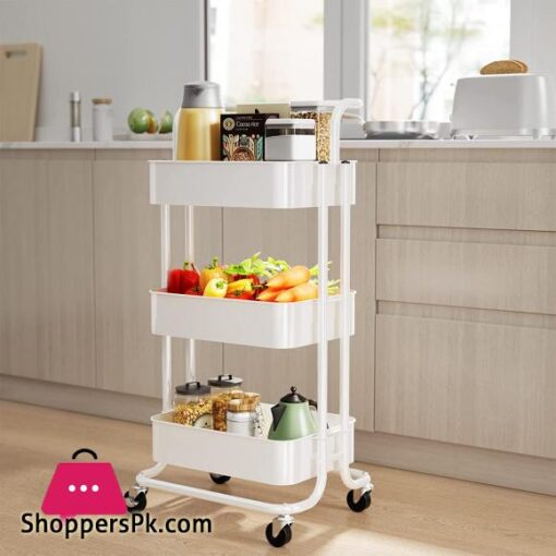 FURNINXS 3 Tier Rolling Cart with Wheels Metal Utility Cart with Handle Rolling Storage Organizer Trolley Cart for Kitchen Office Home School White