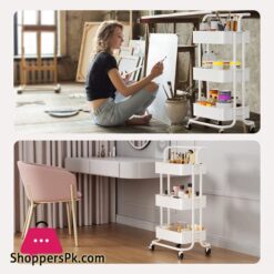 Furninxs 3 Tier Rolling Cart With Wheels Metal Utility Cart With Handle Rolling Storage Organizer Trolley Cart For Kitchen Office Home School White