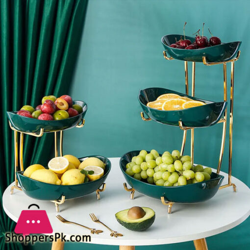3 Tier Ceramic Dark Green Fruit Bowl Creative Decoration Metal Rack Snack Tray Living Room Dining Table