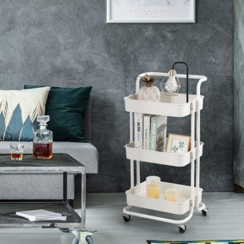 12:12 Sale 3-Tier Metal Storage Rolling Cart With Utility Handle Kitchen Carts On Wheels 360-Degree Rotation Trolley Cart Shelving Unit For Garage Kitchen Bathroom Bedroom Office