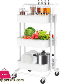 12:12 Sale  3-Tier Metal Storage Rolling Cart with Utility Handle Kitchen Carts On Wheels 360-Degree Rotation Trolley Cart Shelving Unit for Garage Kitchen Bathroom Bedroom Office