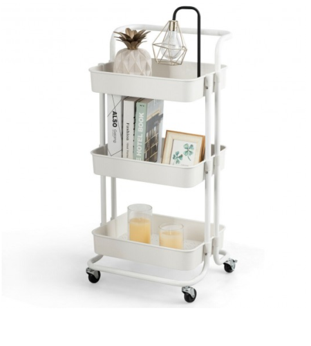 12:12 Sale 3-Tier Metal Storage Rolling Cart With Utility Handle Kitchen Carts On Wheels 360-Degree Rotation Trolley Cart Shelving Unit For Garage Kitchen Bathroom Bedroom Office