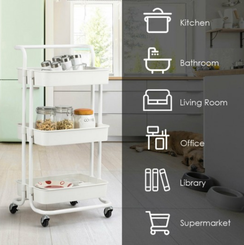12:12 Sale 3-Tier Metal Storage Rolling Cart With Utility Handle Kitchen Carts On Wheels 360-Degree Rotation Trolley Cart Shelving Unit For Garage Kitchen Bathroom Bedroom Office