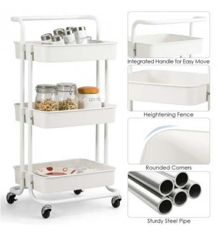 12:12 Sale 3-Tier Metal Storage Rolling Cart With Utility Handle Kitchen Carts On Wheels 360-Degree Rotation Trolley Cart Shelving Unit For Garage Kitchen Bathroom Bedroom Office