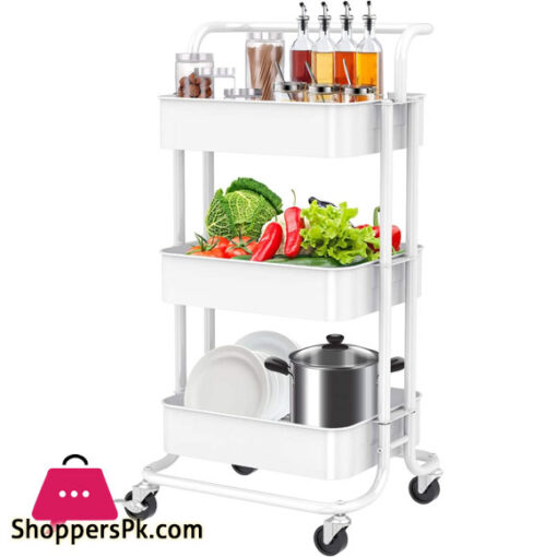 3-Tier Metal Storage Rolling Cart with Utility Handle Kitchen Carts On Wheels 360-Degree Rotation Trolley Cart Shelving Unit for Garage Kitchen Bathroom Bedroom Office