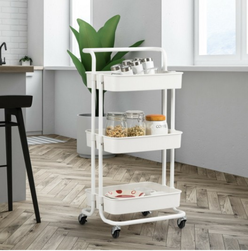 12:12 Sale 3-Tier Metal Storage Rolling Cart With Utility Handle Kitchen Carts On Wheels 360-Degree Rotation Trolley Cart Shelving Unit For Garage Kitchen Bathroom Bedroom Office