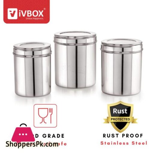 iVBOX 3Pcs Stainless Steel Deep Dabba Container Storage Box With Top See Through Lid Silver