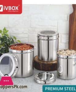 iVBOX 3Pcs Stainless Steel Deep Dabba Container Storage Box With Top See Through Lid Silver