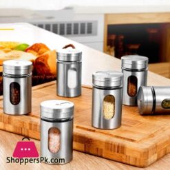 Pack Of 6 Set Stainless Steel Seasoning Storage Box Rotatable Adjustable Glass Condiment Bottle Pepper Spice Shaker