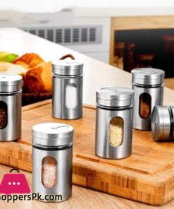 Pack Of 6 Set Stainless Steel Seasoning Storage Box Rotatable Adjustable Glass Condiment Bottle Pepper Spice Shaker