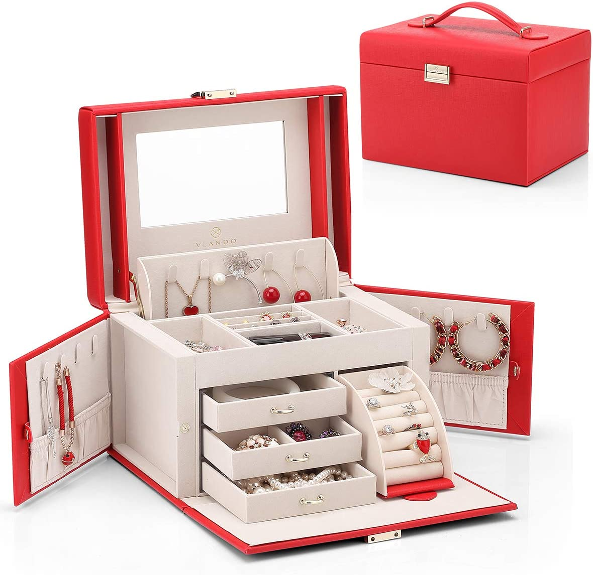 Beauty Jewelry Box Faux Leather Jewelry Organizer Gift For Women - Dark Pink 7 Beauty Jewelry Box Faux Leather Jewelry Organizer Gift For Women - Dark Pink