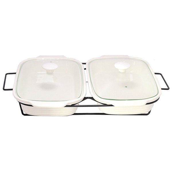 Brilliant Rectangle Twin Casserole Serving Dish Food Warmer With Tea Light Candle Stand 12 Inch - Br11009