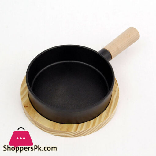 Cast Iron Round Iron Pan For Roast With Wooden Handle And Wood Base Cooking Pot Cast Iron Tableware Serving Plate Steak Tray 1-Pc - 20CM