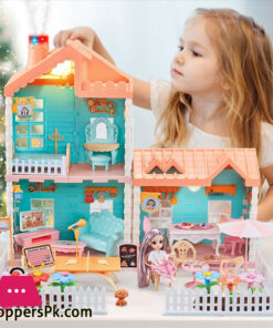 Kids Doll House 2-Stories Dreamhouse Playing House with Realistic Chimney Fully Furnished and Household Appliances, DIY Building Plastic Dollhouse 140 Pcs