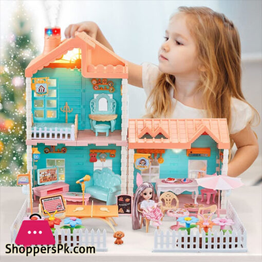 Kids Doll House 2-Stories Dreamhouse Playing House with Realistic Chimney Fully Furnished and Household Appliances, DIY Building Plastic Dollhouse 140 Pcs
