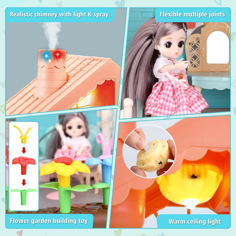 Kids Doll House 2-Stories Dreamhouse Playing House With Realistic Chimney Fully Furnished And Household Appliances, Diy Building Plastic Dollhouse 140 Pcs