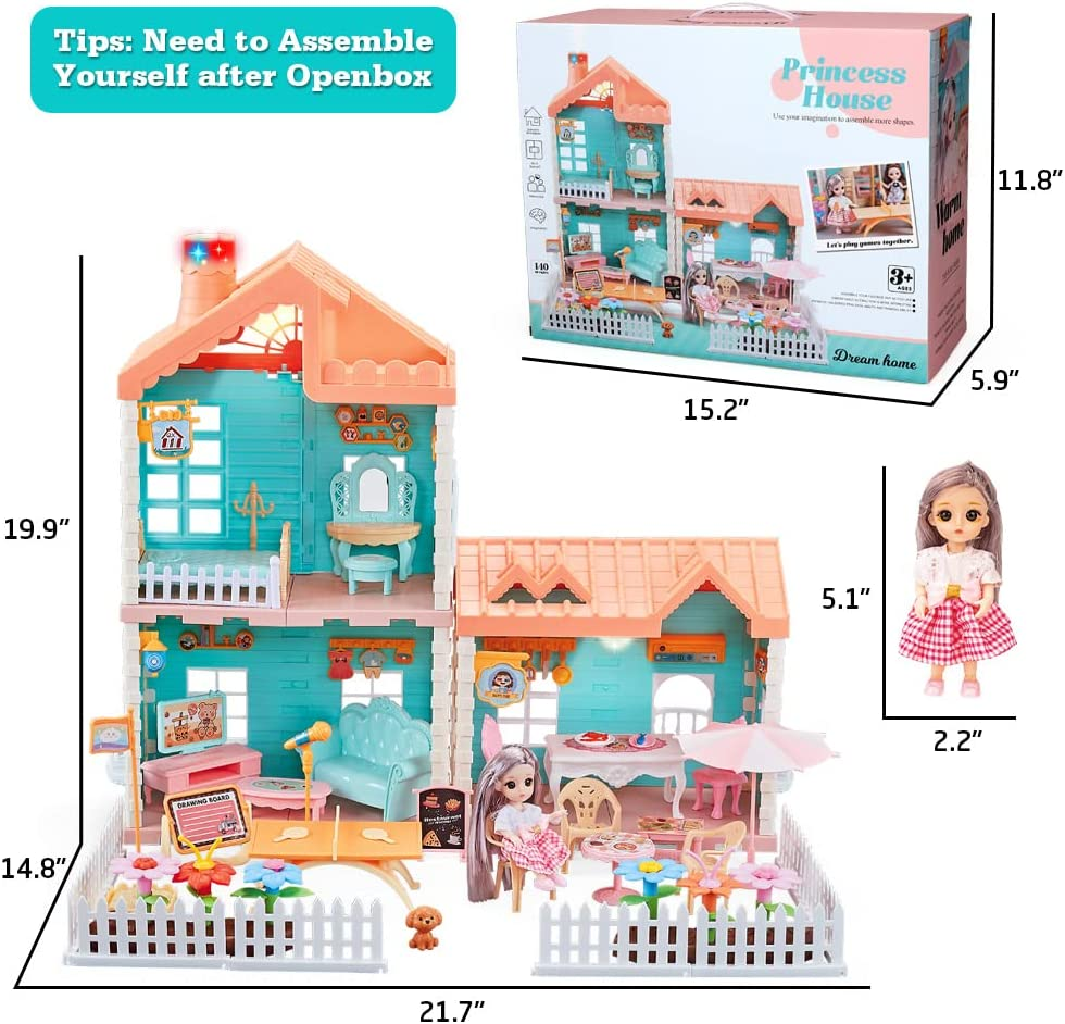 Kids Doll House 2-Stories Dreamhouse Playing House With Realistic Chimney Fully Furnished And Household Appliances, Diy Building Plastic Dollhouse 140 Pcs