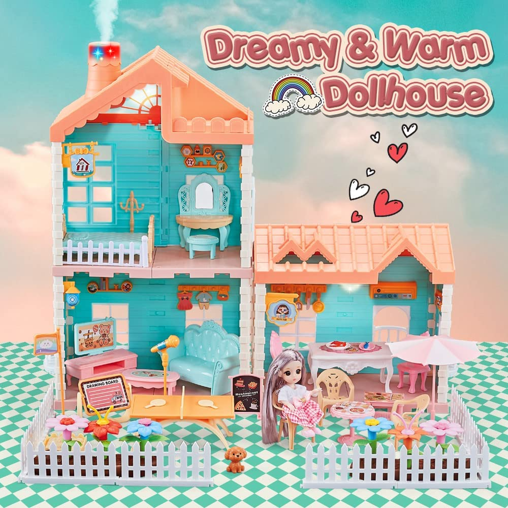 Kids Doll House 2-Stories Dreamhouse Playing House With Realistic Chimney Fully Furnished And Household Appliances, Diy Building Plastic Dollhouse 140 Pcs