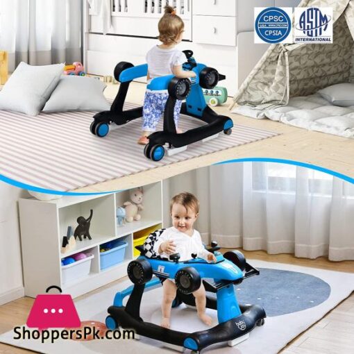 BABY JOY 4 in 1 Baby Walker Foldable Activity Walker wAdjustable Height Speed Music Lights Steering Wheel Comfy Seat Cushion Activity Baby Push Walker for Boys Girls Aged 618 Months Blue