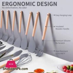 Kitchen Cooking Utensils Knife Set With Block Holder Cutting Board Premium Silicone Utensils Stainless Steel Coated Knives 19 Piece Set Gray