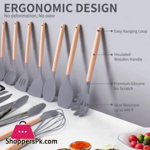 Kitchen Cooking Utensils Knife Set with Block Holder Cutting Board Premium Silicone Utensils Stainless Steel Coated Knives 19 Piece Set Gray