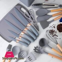 Kitchen Cooking Utensils Knife Set With Block Holder Cutting Board Premium Silicone Utensils Stainless Steel Coated Knives 19 Piece Set Gray