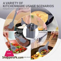 Kitchen Cooking Utensils Knife Set With Block Holder Cutting Board Premium Silicone Utensils Stainless Steel Coated Knives 19 Piece Set Gray