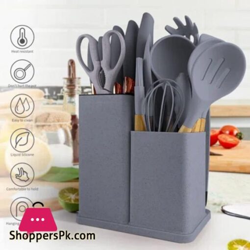 Kitchen Cooking Utensils Knife Set with Block Holder Cutting Board Premium Silicone Utensils Stainless Steel Coated Knives 19 Piece Set Gray
