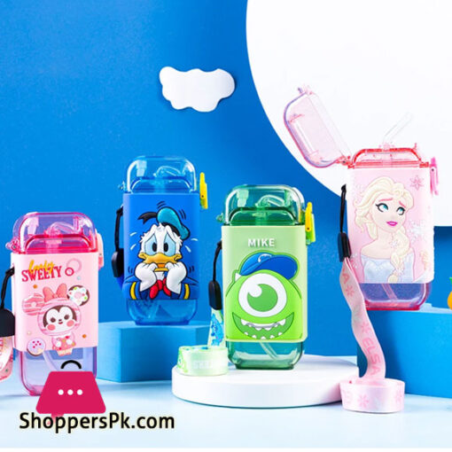 Disney Cartoon Square Water Bottle for Children Ttransparent Cup Straw Drop Resistant