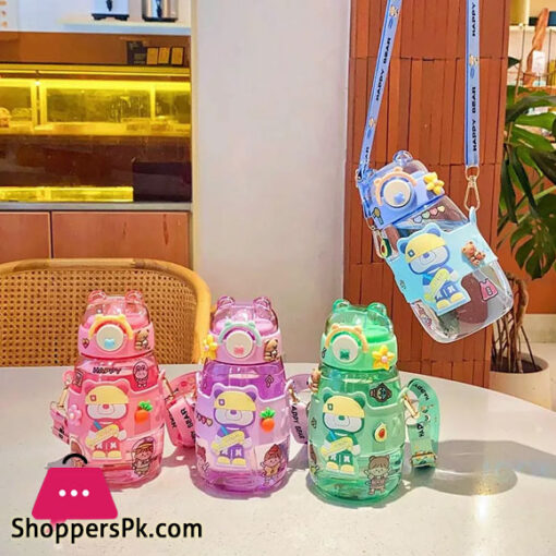 Happy Bear Water Bottle with Genuine Bear Straw with Strap 600ML