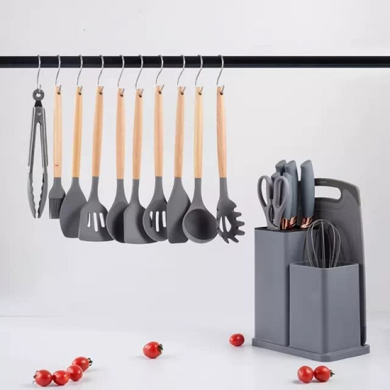 Kitchen Cooking Utensils &Amp; Knife Set With Block Holder &Amp; Cutting Board Premium Silicone Utensils Stainless Steel Coated Knives - 18 Piece