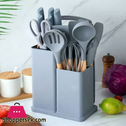 Kitchen Cooking Utensils & Knife Set with Block Holder & Cutting Board Premium Silicone Utensils Stainless Steel Coated Knives - 18 Piece